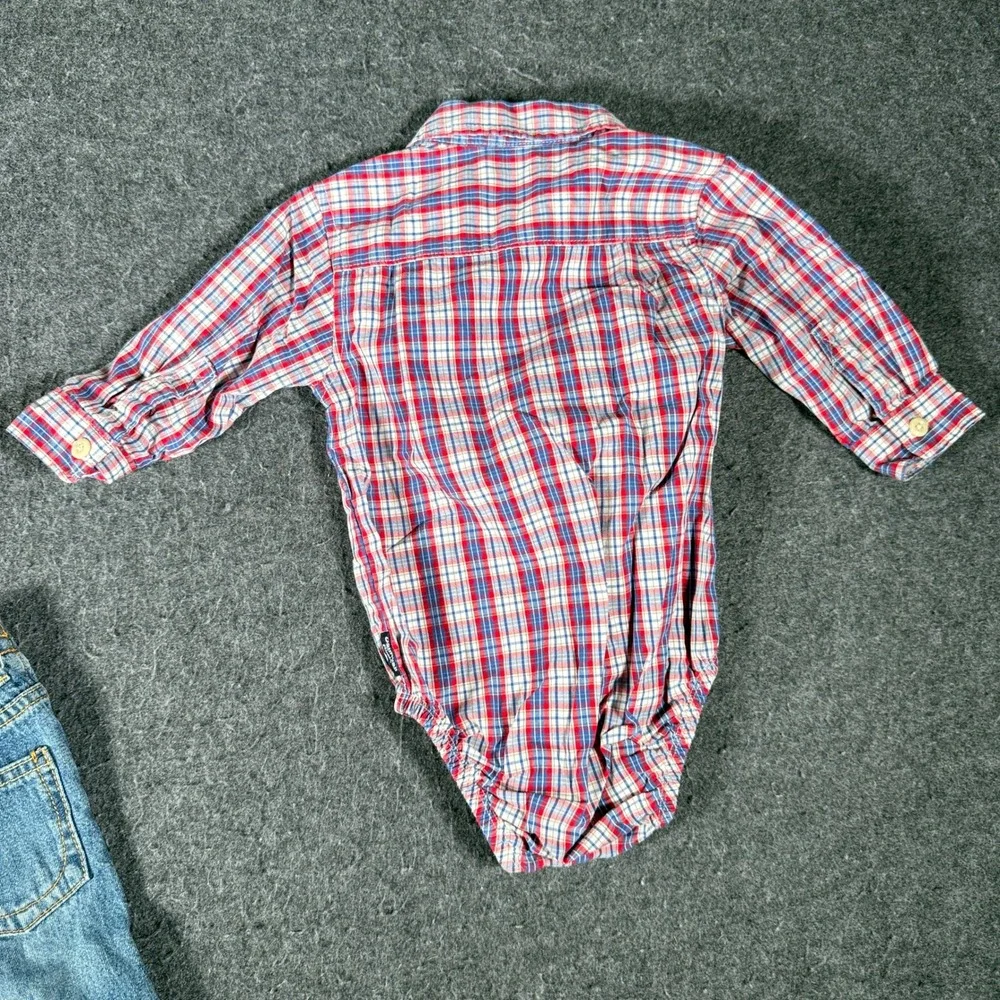 OshKosh Bgosh Baby Boys 12M Plaid Bodysuit and Denim Jeans 2pc Outfit Set